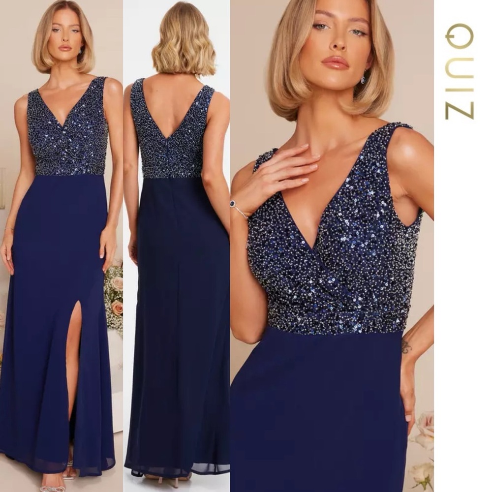 Quiz - Navy Blue Embellished Chiffon Maxi Dress